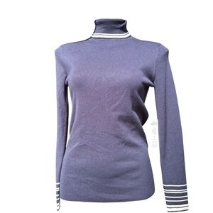 Chico’s 0 (S/4) Navy Mock Neck Sweater Stripe Trim Long Sleeve Pullover NWT